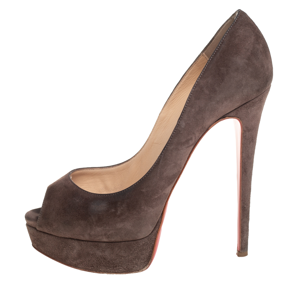 

Christian Louboutin Brown Suede Lady Peep Toe Platform Pumps Size