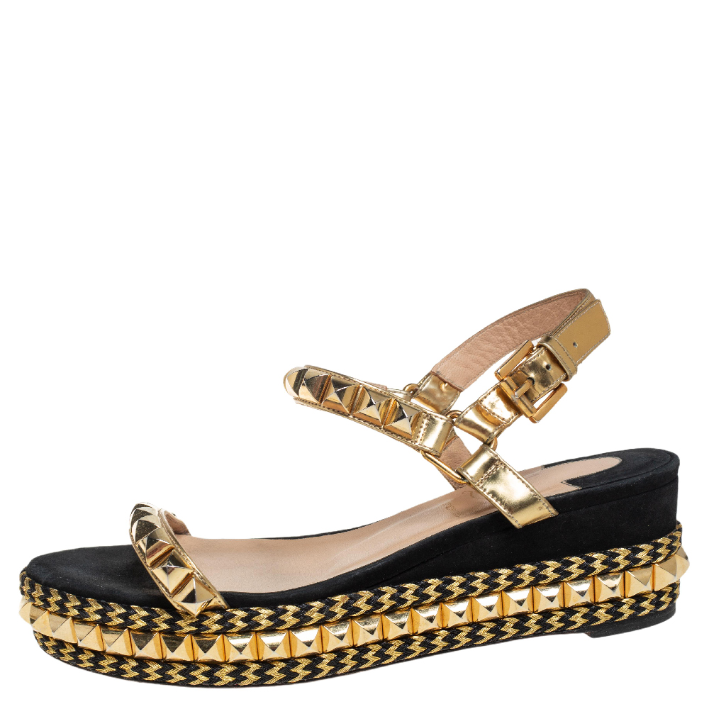 

Christian Louboutin Gold/Black Suede and Leather Pyraclou Studded Platform Sandals Size