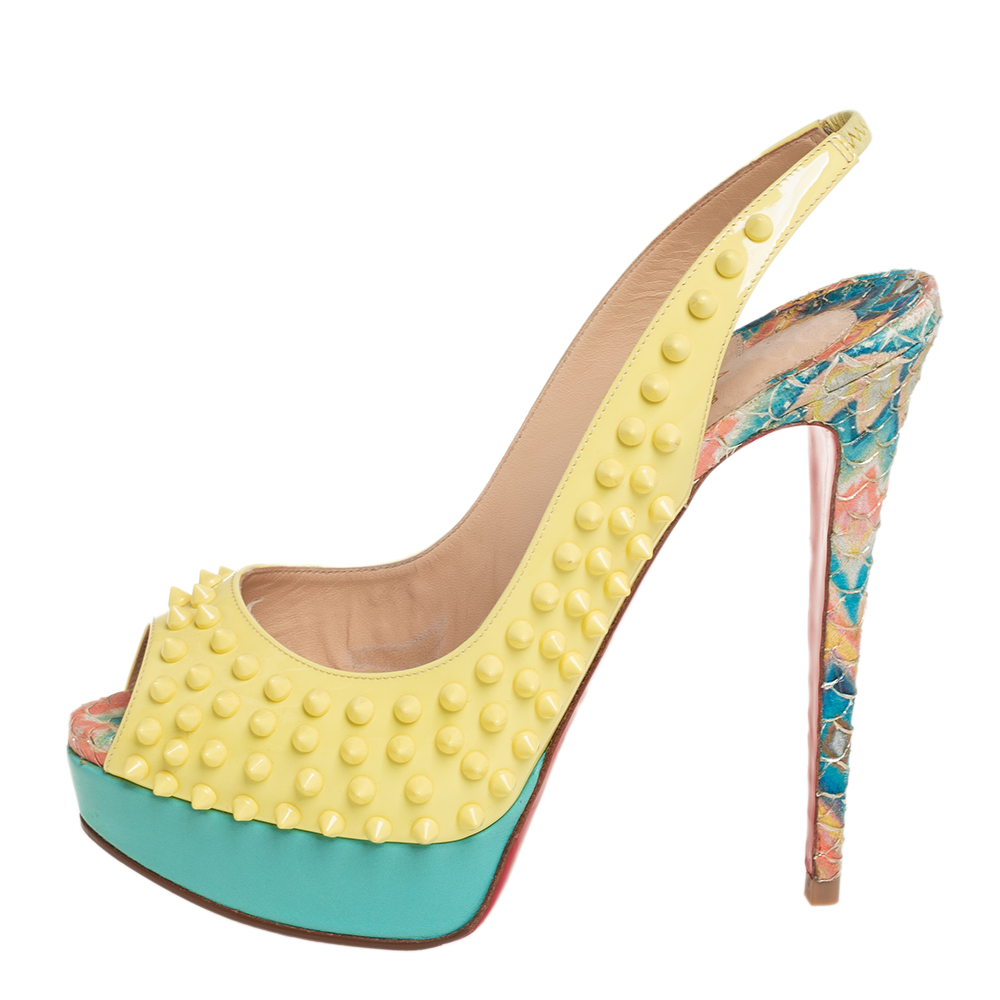 

Christian Louboutin minor Python Embossed Leather And Patent Lady Peep Spike Slingback Sandals Size, Multicolor
