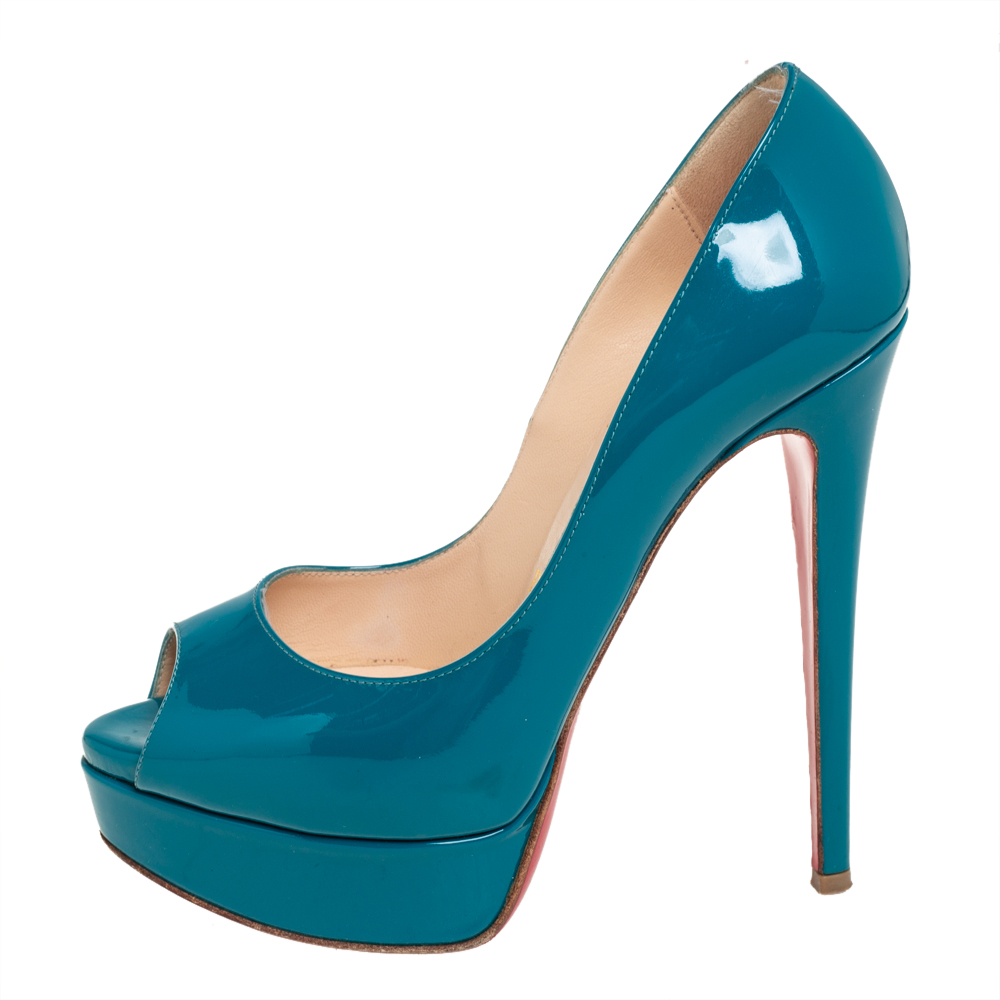 

Christian Louboutin Blue Patent Leather Lady Peep Toe Platform Pumps Size