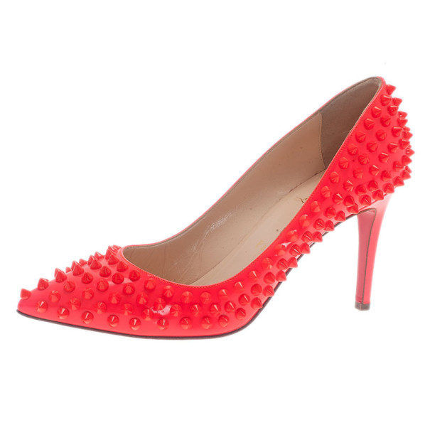 Christian Louboutin Neon Coral Patent Pigalle Spikes Pumps Size 38