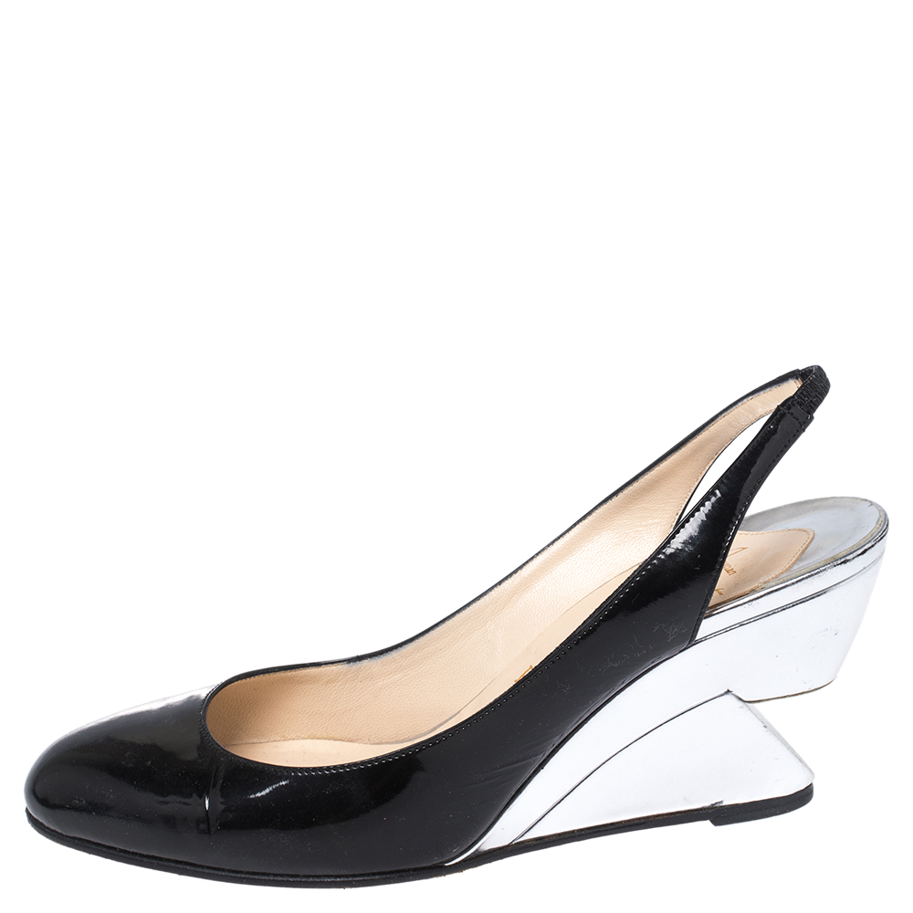 

Christian Louboutin Black Patent Leather Bebe Fusee Wedge Sandals Size