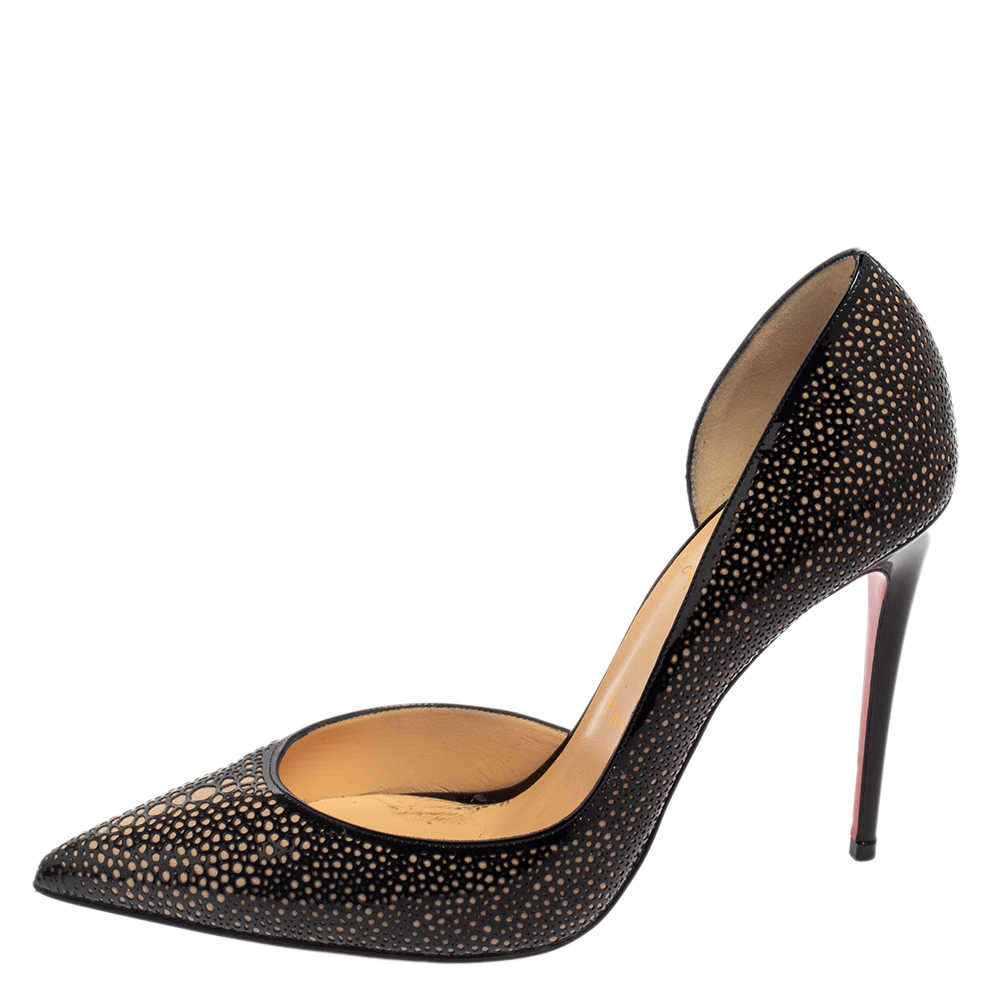 

Christian Louboutin Black/Beige Laser Cut Patent Leather Iriza Pointed Toe D'orsay Pumps Size