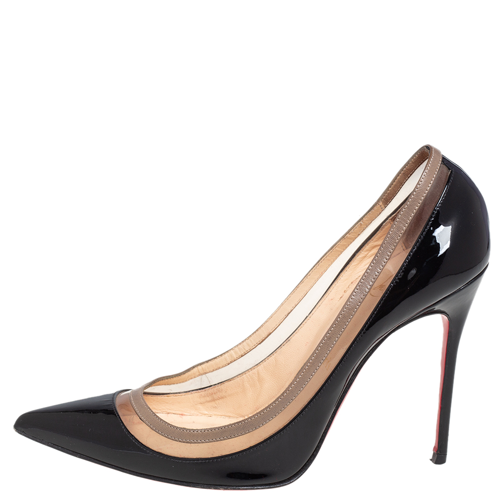 

Christian Louboutin Black/Beige Patent Leather and PVC Paulina Pointed Toe Pumps Size