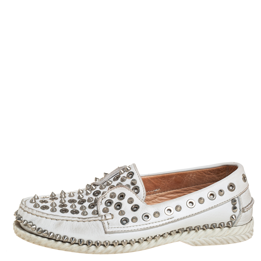 

Christian Louboutin White Studded Leather Yacht Spikes Driver Loafers Size