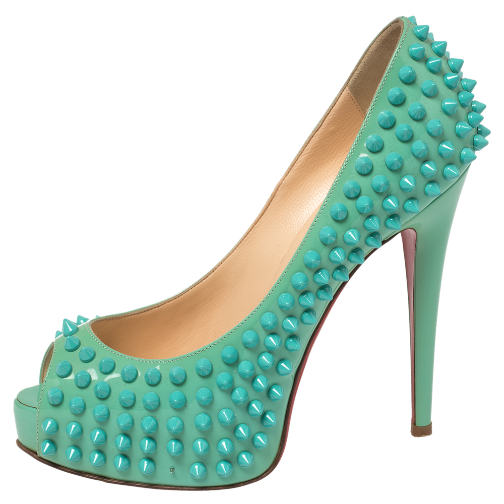 

Christian Louboutin Green Patent Lady Peep Toe Spikes Platform Pumps Size