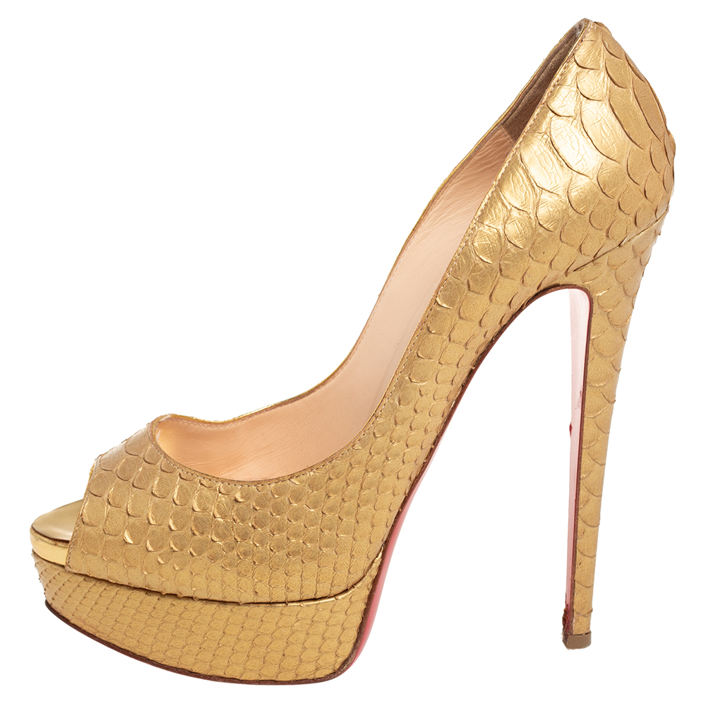 

Christian Louboutin Gold Python Leather Lady Peep Pumps Size