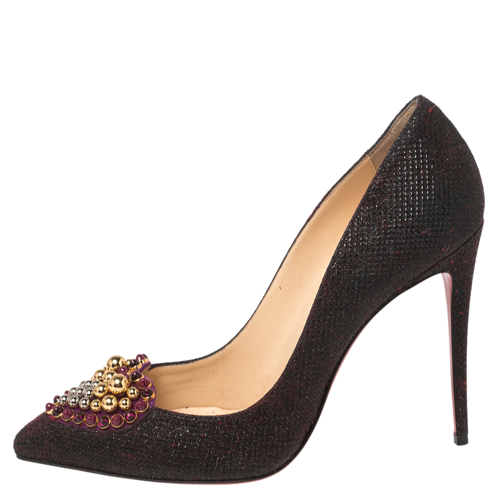 

Christian Louboutin Black Glitter Fabric Coralta Mia Heart Pumps Size