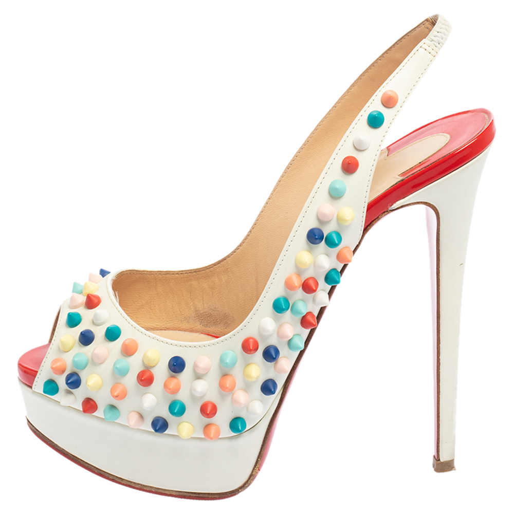 

Christian Louboutin White Leather Lady Peep Multicolor Spikes Slingback Sandals Size