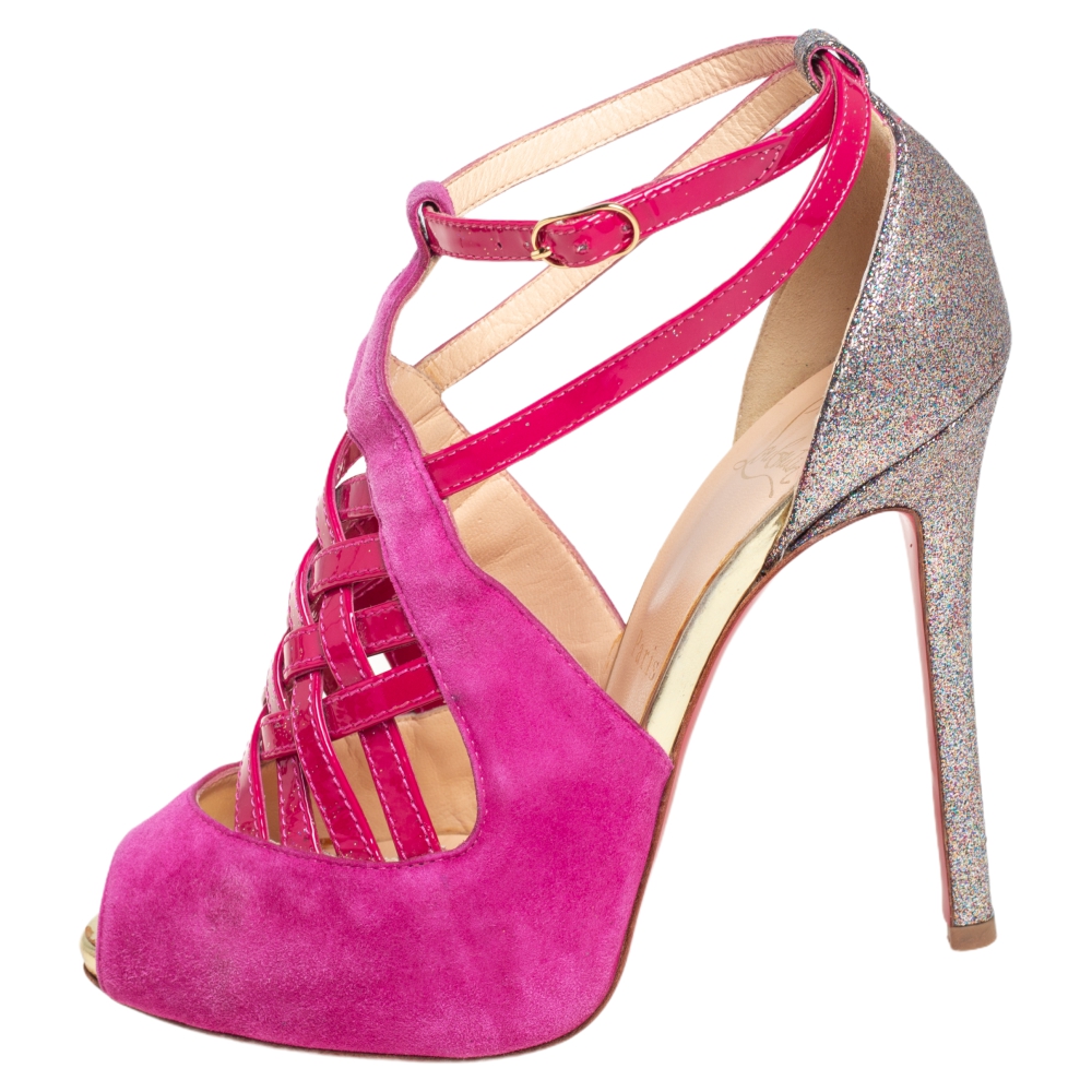 

Christian Louboutin Pink/Silver Suede And Leather Carlota Sandals Size