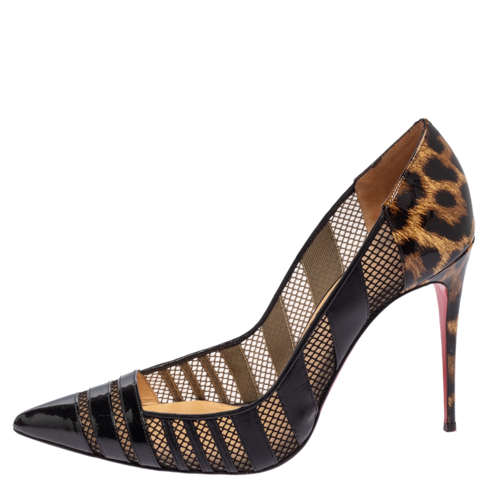 

Christian Louboutin Black/Brown Animal Print Patent Leather and Mesh Bandy Pointed Toe Pumps Size