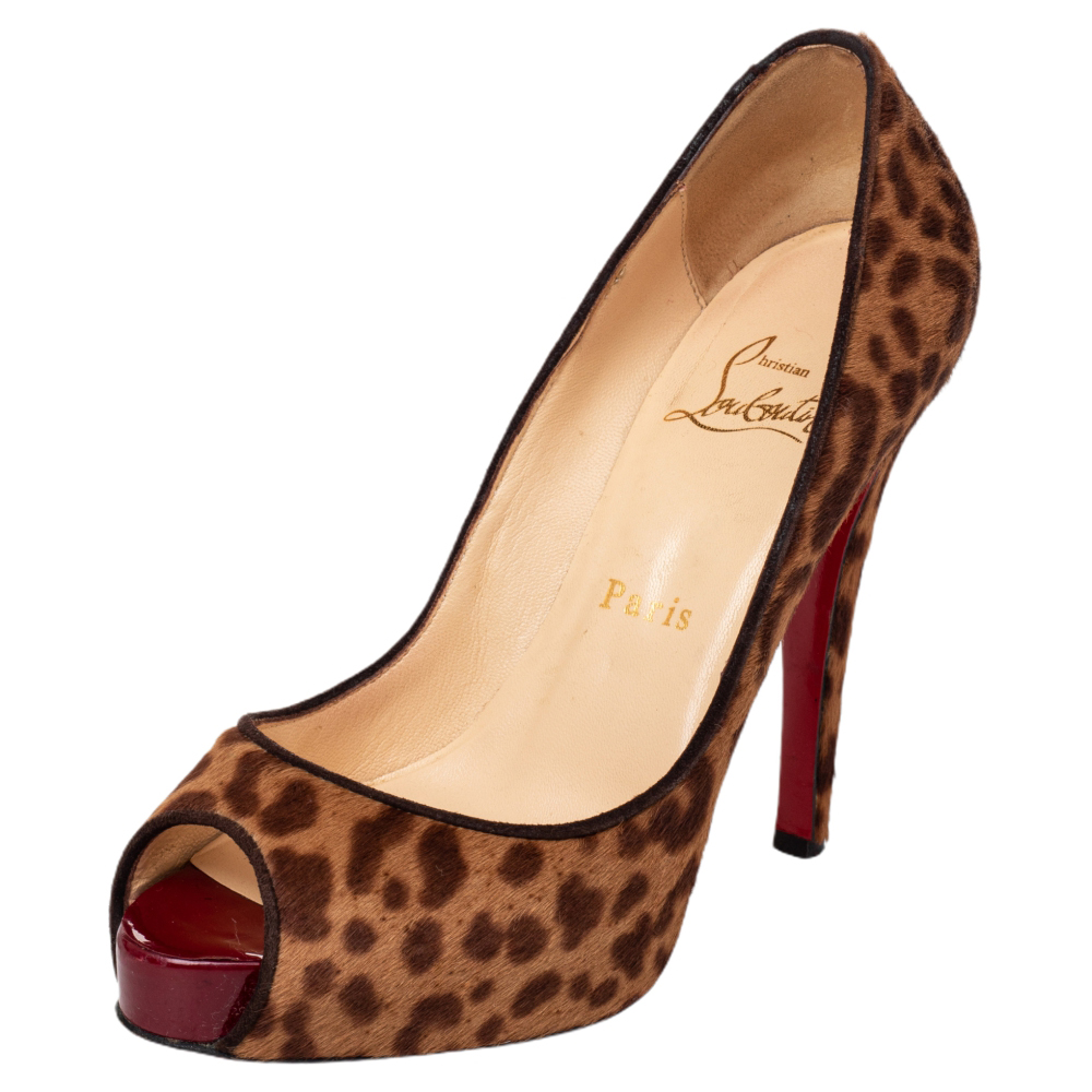 Stand out from a crowd in this gorgeous pair of Louboutins that exude high fashion with class Crafted from calf hair these brown leopard print pumps feature a peep toe silhouette. They flaunt comfortable leather lined insoles 11.5 cm heels and concealed platforms for added support. Completed with the signature red lacquered soles these pumps are a dream you can add to your collection