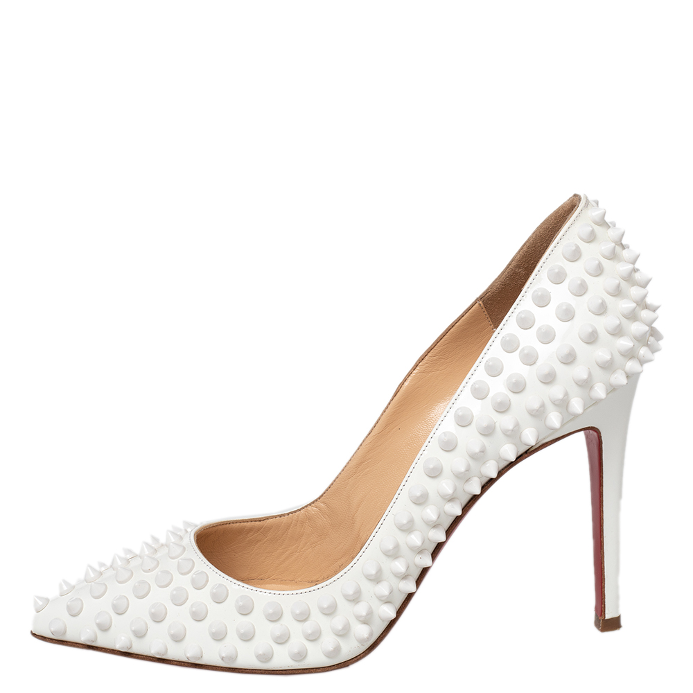 

Christian Louboutin White Patent Leather Pigalle Follies Spikes Pumps Size