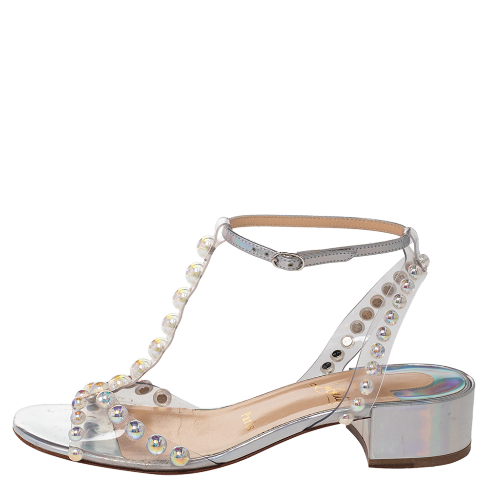 

Christian Louboutin Metallic Silver Patent Leather And PVC Faridaravie Sandals Size