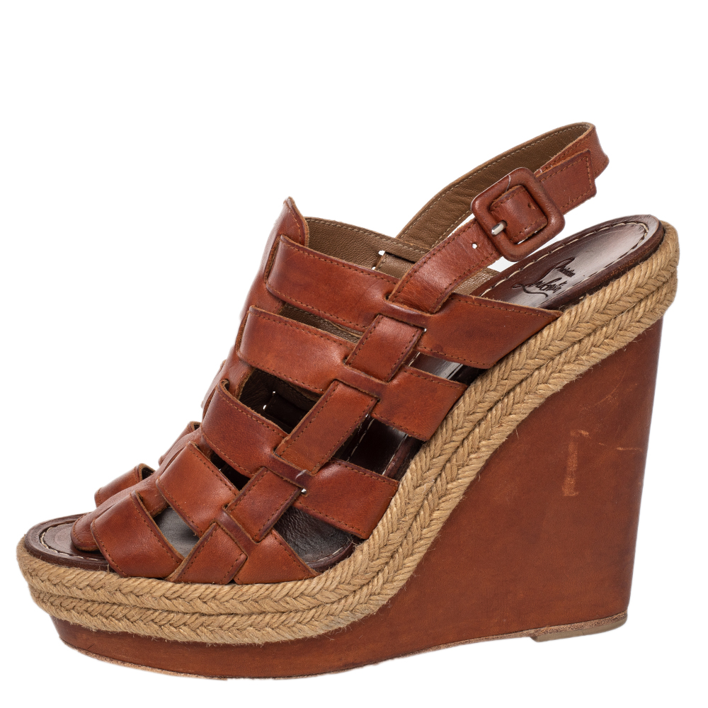 

Christian Louboutin Brown Leather Caged Espadrille Wedge Sandals Size