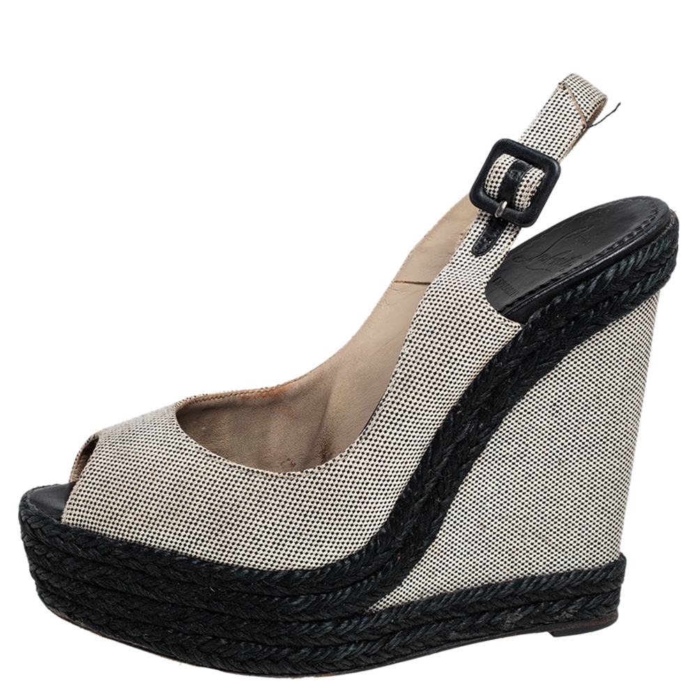 

Christian Louboutin Black/Wedge Canvas Peep Toe Espadrille Wedge Sandals Size, Beige