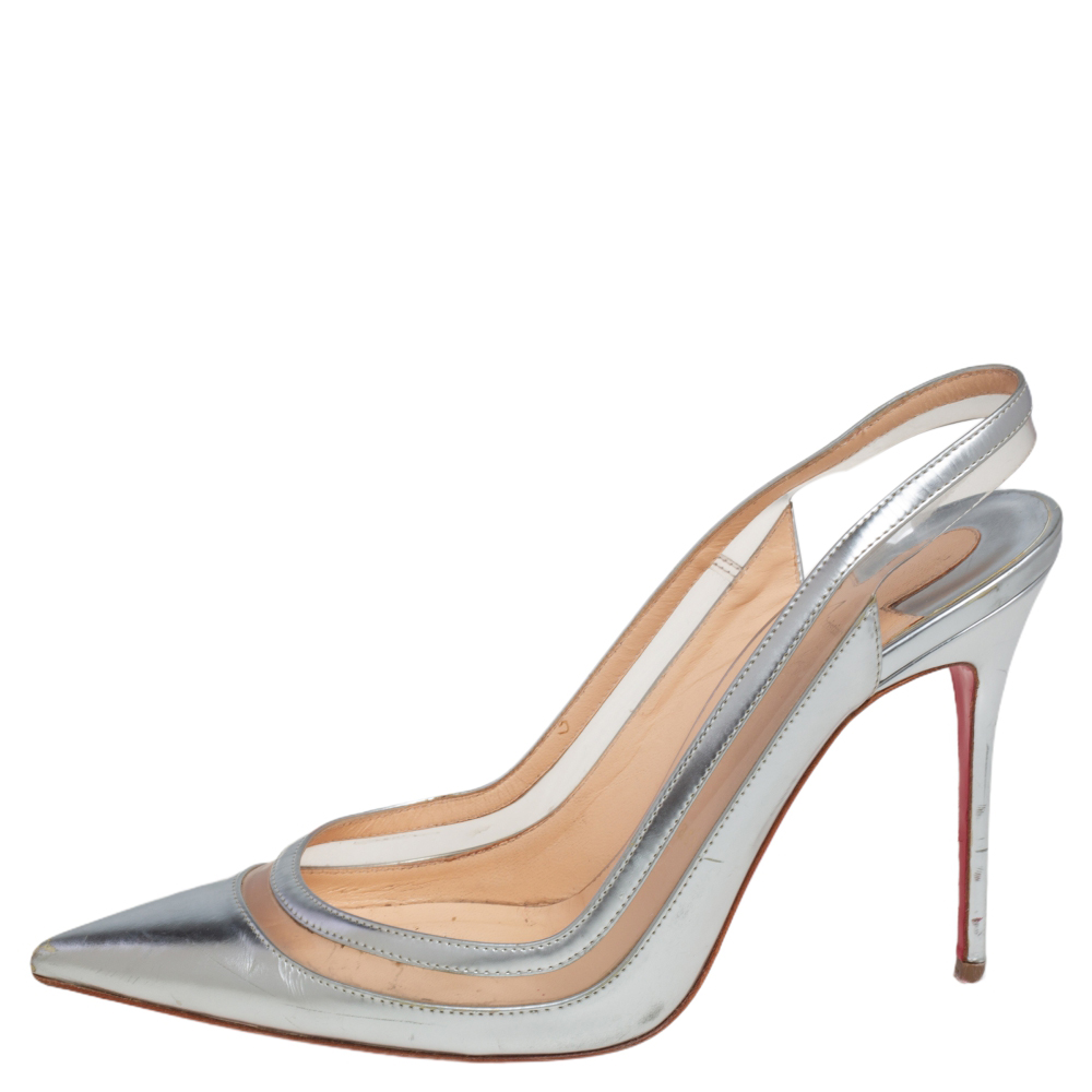 

Christian Louboutin Silver Leather, PVC Paulina Slingback Pumps Size