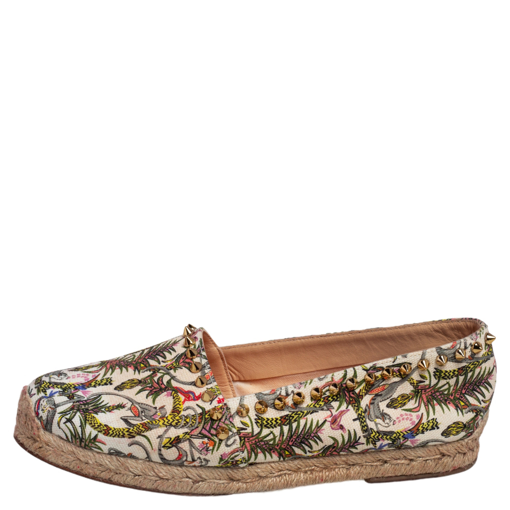 

Christian Louboutin Ivory Multicolor Canvas Ares Spiked Espadrilles Flats Size