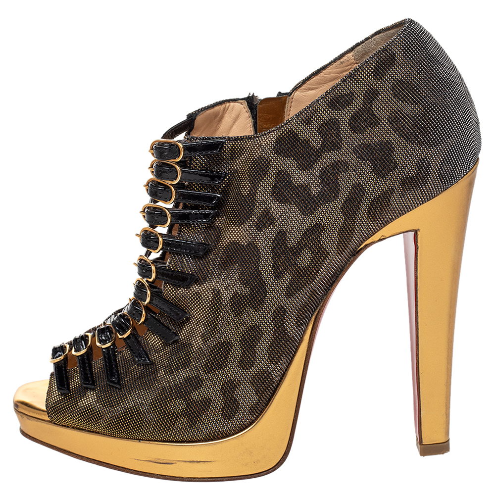 Christian Louboutin Metallic Leopard Print Lurex Fabric Manon Peep Toe Ankle Booties Size