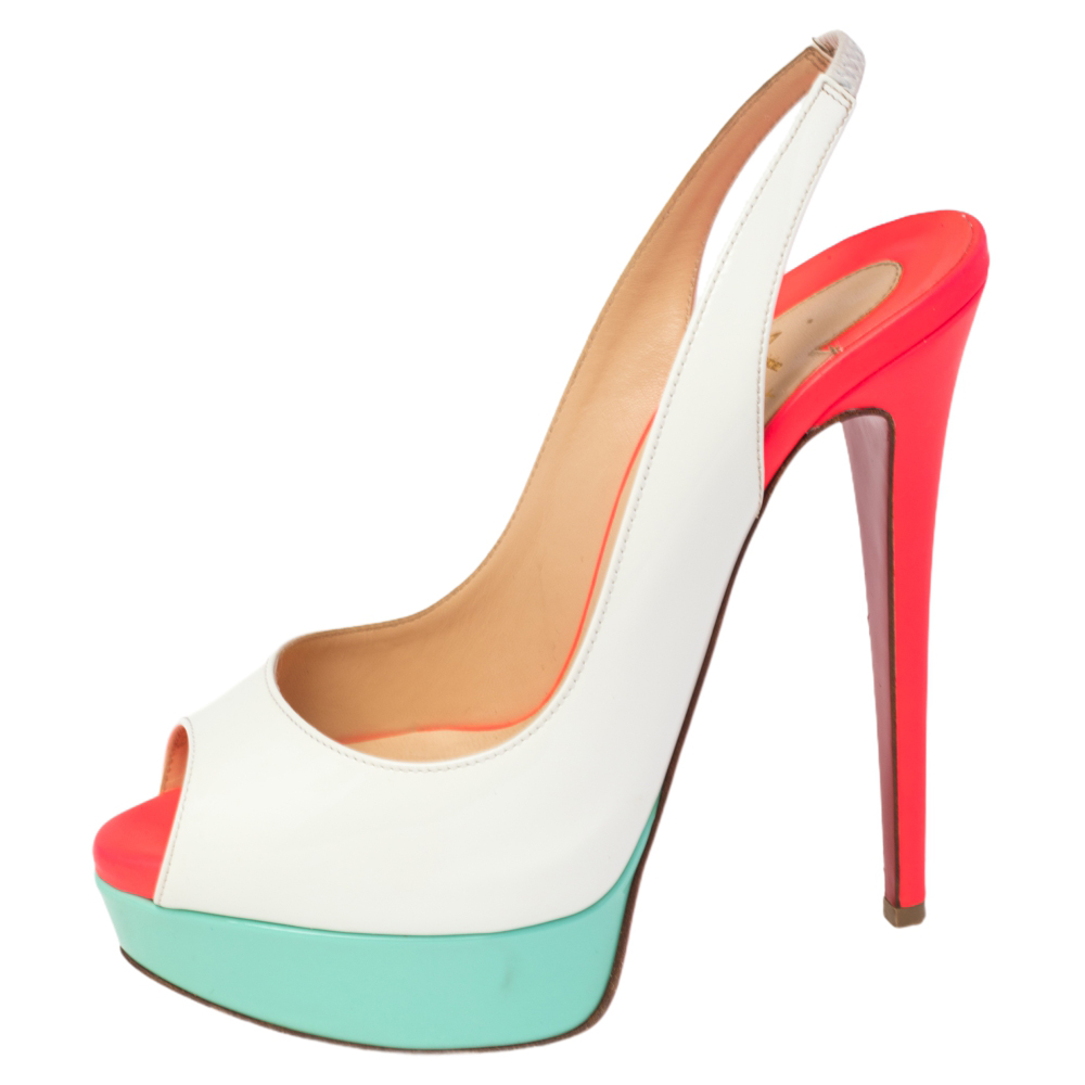 

Christian Louboutin White Patent Leather Lady Peep Toe Platform Slingback Sandals Size