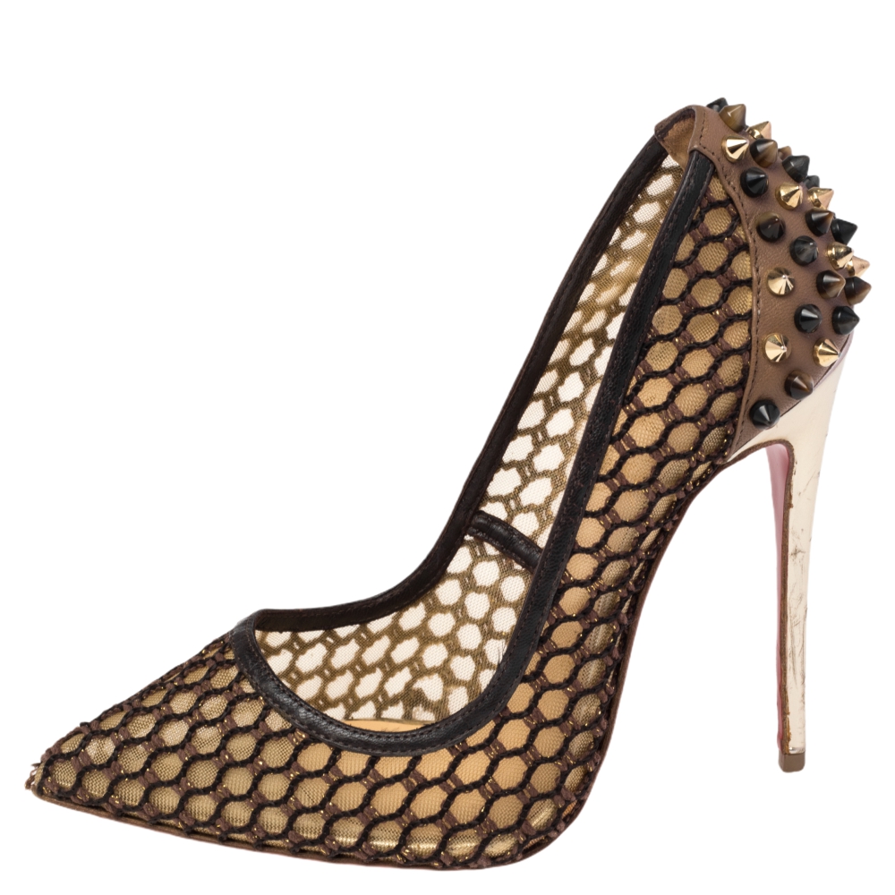 

Christian Louboutin Black/Beige Mesh And Spike Embellished Leather Guni Pointed Toe Pumps Size