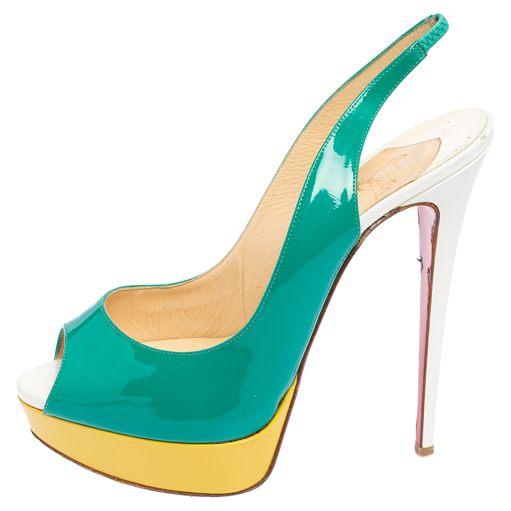 

Christian Louboutin White Patent Leather Lady Peep Toe Platform Slingback Sandals Size, Green