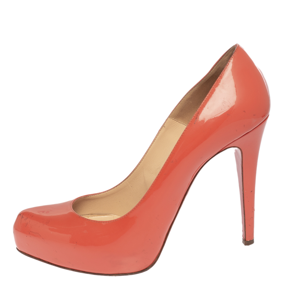 

Christian Louboutin Coral Orange Patent Leather Rolando Platform Pumps Size