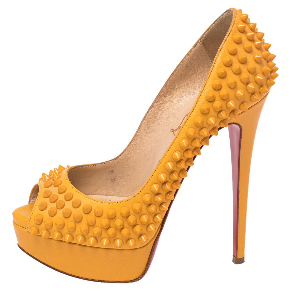 

Christian Louboutin Mustard Leather Lady Peep Toe Spike Platform Pumps Size, Yellow
