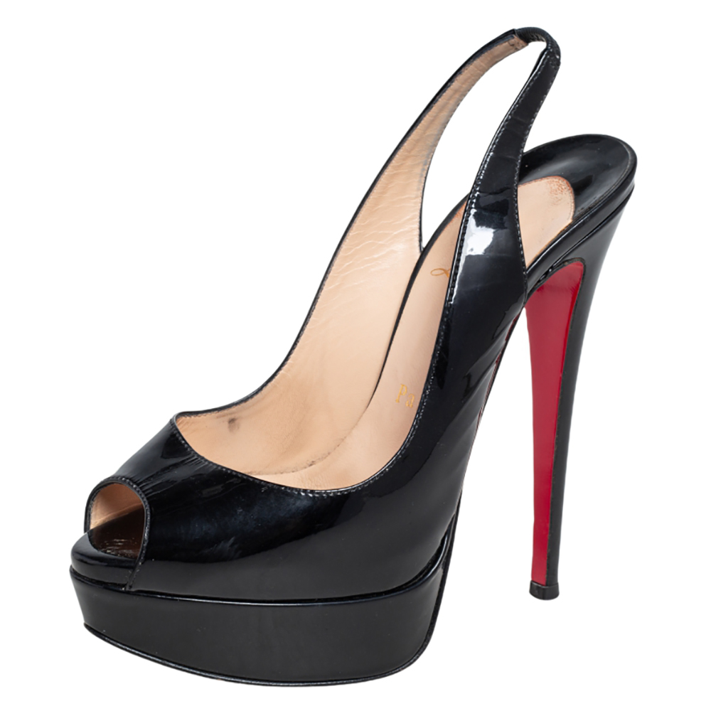 Eksamensbevis bh tromme Pre-owned Christian Louboutin Black Patent Leather Lady Peep Toe Slingback  Sandals Size 35.5 | ModeSens