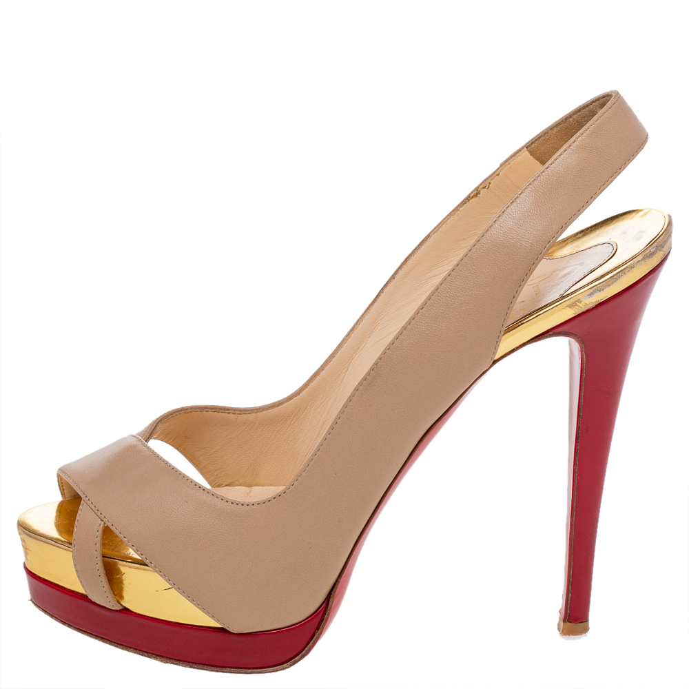 

Christian Louboutin Beige/Red Leather Soso Platform Slingback Sandals Size