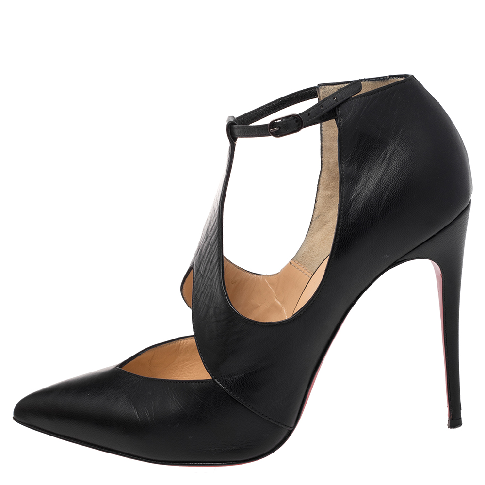 

Christian Louboutin Black Leather Ankle Strap Pointed Toe Booties Size