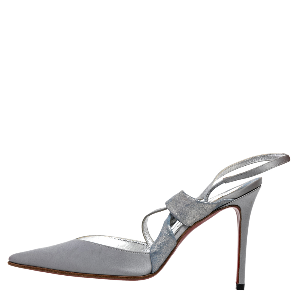 

Christian Louboutin Silver Satin And Metallic Leather Pointed Toe Slingback Sandals Size