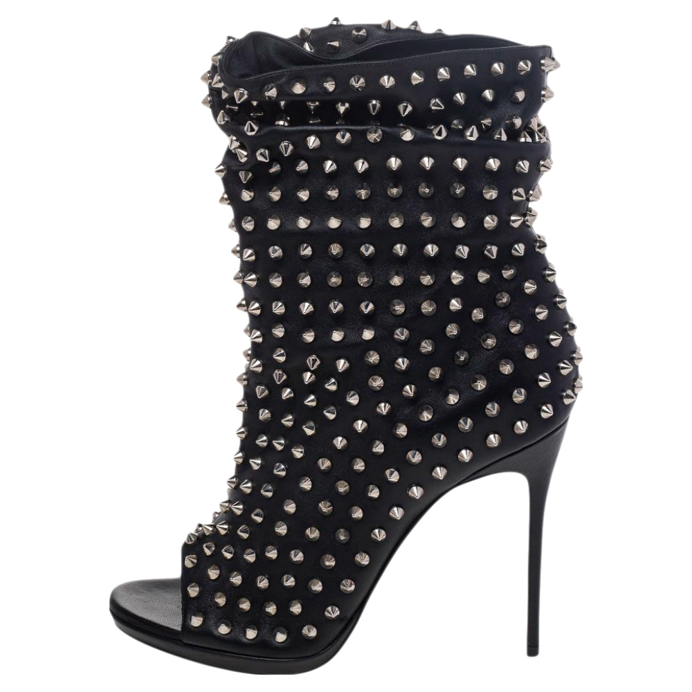 

Christian Louboutin Black Spiked Leather Guerilla Peep Toe Slouchy Ankle Boots Size