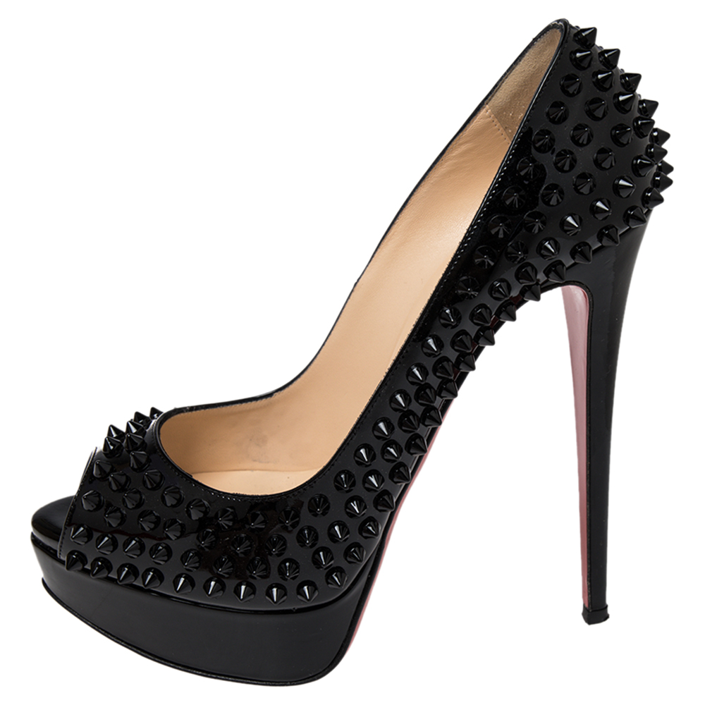 

Christian Louboutin Black Patent Leather Lady Peep Toe Spike Platform Pumps Size