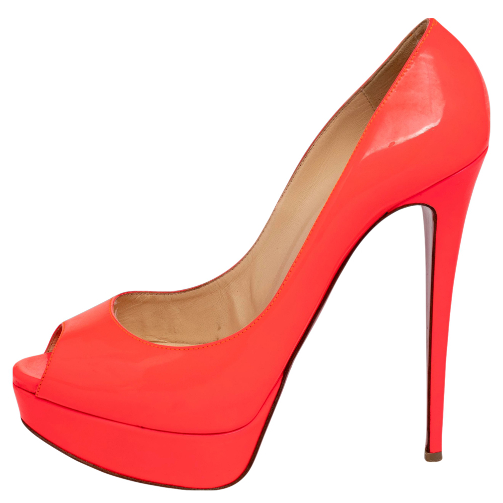

Christian Louboutin Neon Pink Patent Leather Very Prive Peep Toe Pumps Size