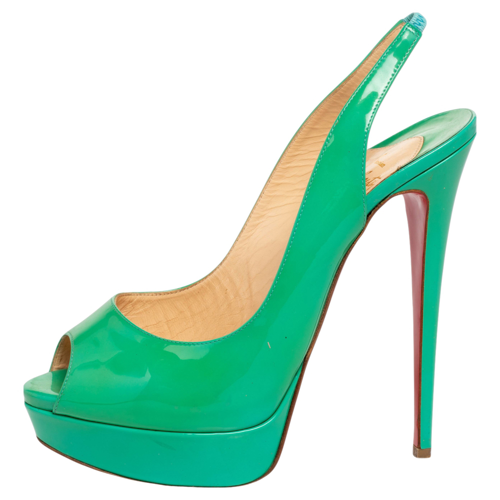 

Christian Louboutin Green Patent Leather Lady Peep Toe Platform Slingback Pumps Size