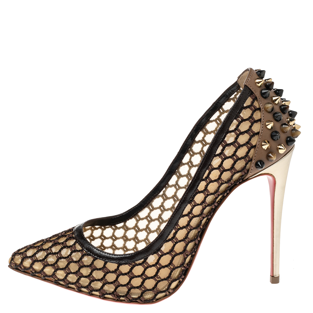 

Christian Louboutin Black/Beige Mesh and Leather Spike Embellished Guni Pointed Toe Pumps Size