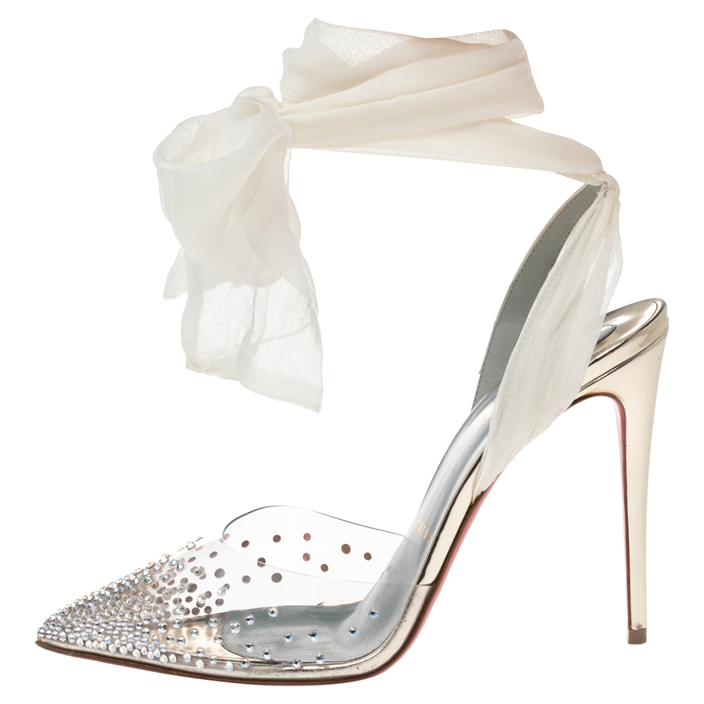 

Christian Louboutin White Lace and PVC Spikaqueen Studded Accents Wrap Up Pumps Size