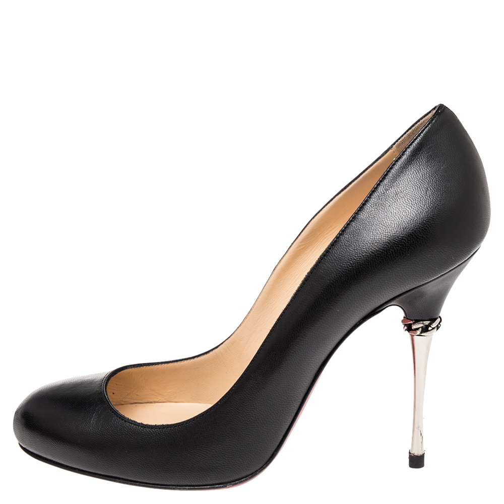

Christian Louboutin Black Leather Chain Detail Metal Heel Pumps Size