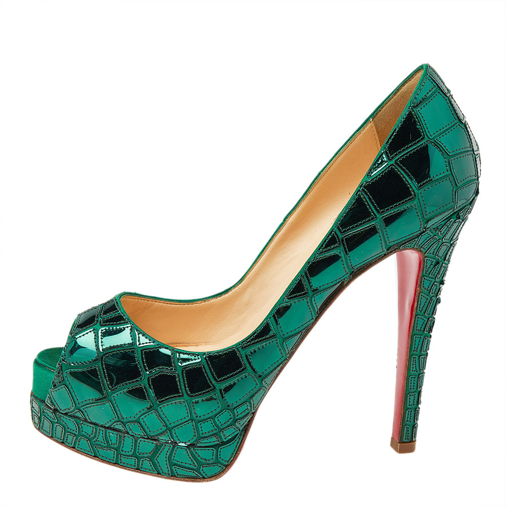 

Christian Louboutin Green Satin And Mirror Plastic Prive Mosaique Peep Toe Platform Pumps Size