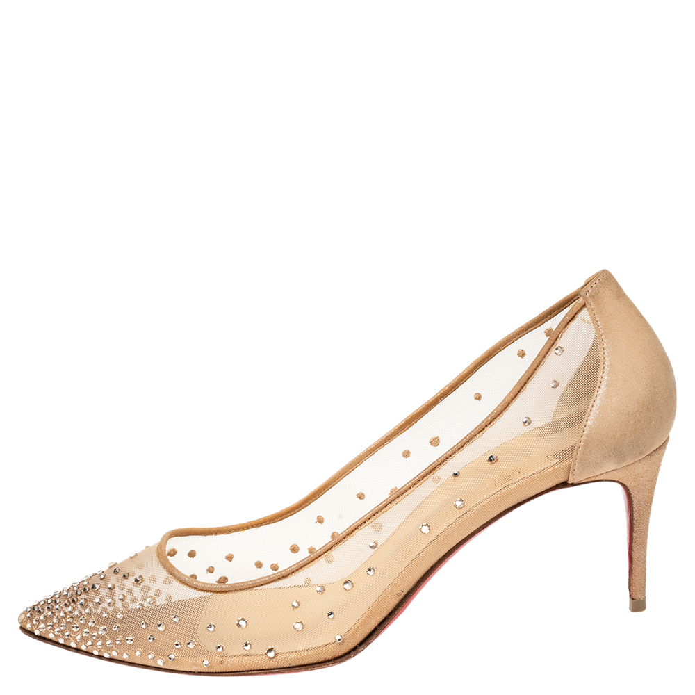 

Christian Louboutin Beige Mesh and Suede Follies Strass Crystal Embellished Pumps Size