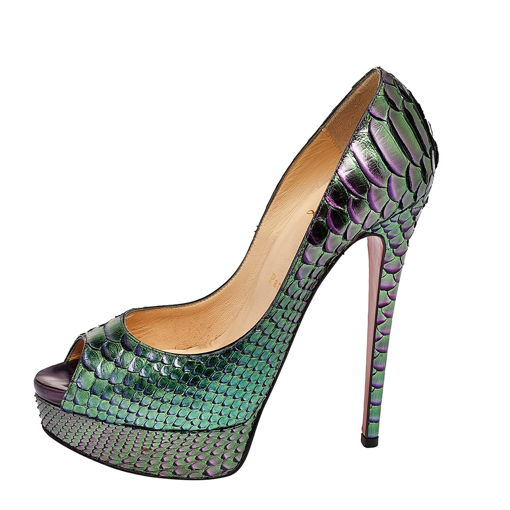 

Christian Louboutin Green Python Leather Lady Peep Toe Platform Pumps Size