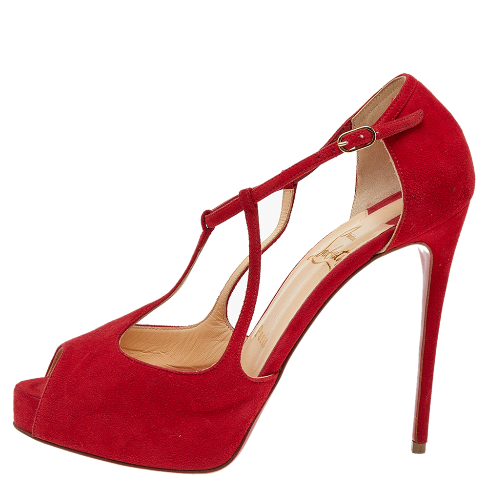 

Christian Louboutin Red Suede T Strap Platform Sandals Size