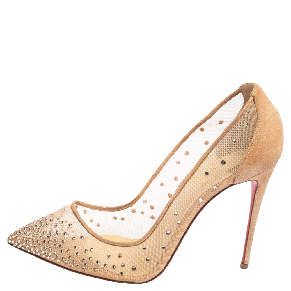 

Christian Louboutin Beige Mesh and Suede Follies Strass Pointed Toe Pumps Size