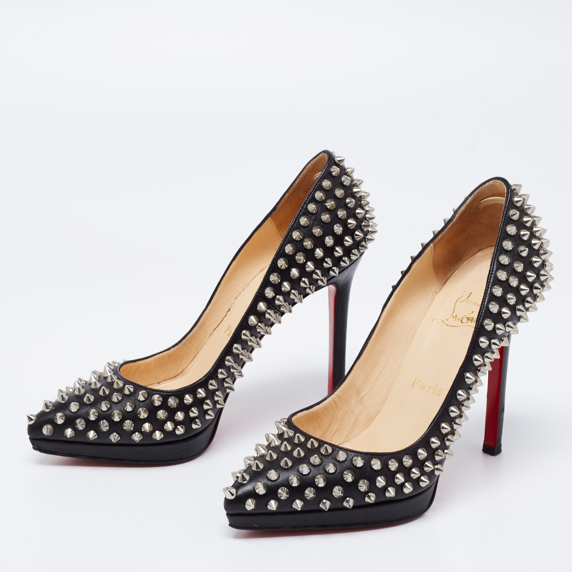 

Christian Louboutin Black Leather Pigalle Spikes Platform Pumps Size