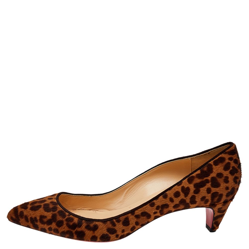 

Christian Louboutin Brown/Beige Leopard Print Calf Hair Kitten Heel Pumps Size