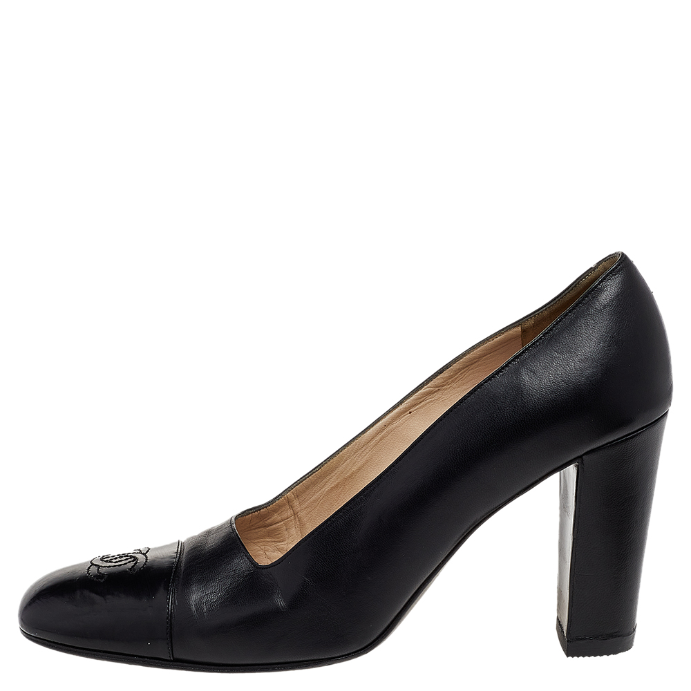 

Chanel Black Leather CC Block Heel Pumps Size