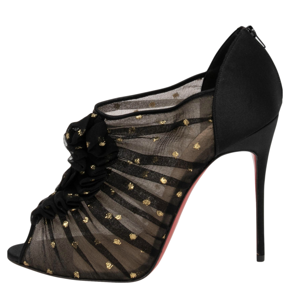 

Christian Louboutin Black Satin Ruffled Peep Toe Booties Size