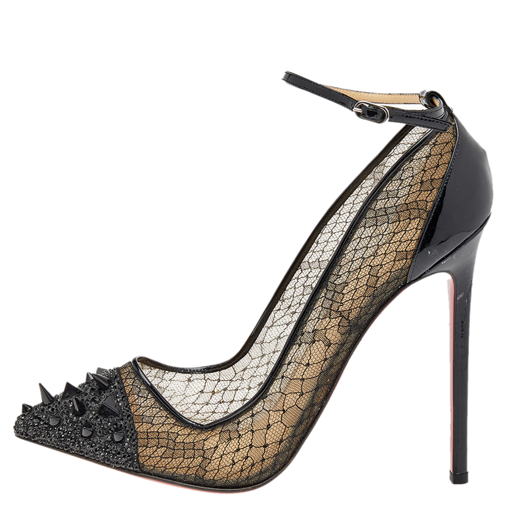 

Christian Louboutin Mesh and Spike Embellished Leather Pointed Toe Pumps Size, Black