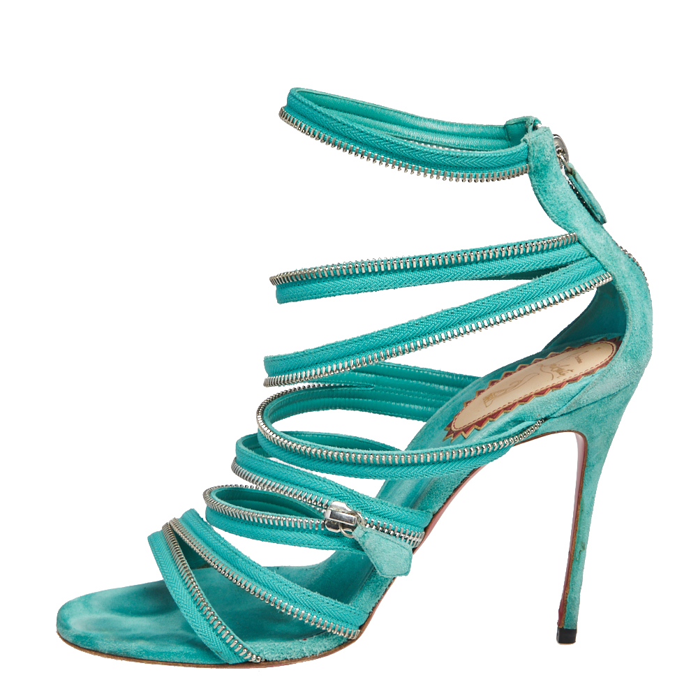 

Christian Louboutin Aqua Green Fabric And Leather Unzip Sandals Size